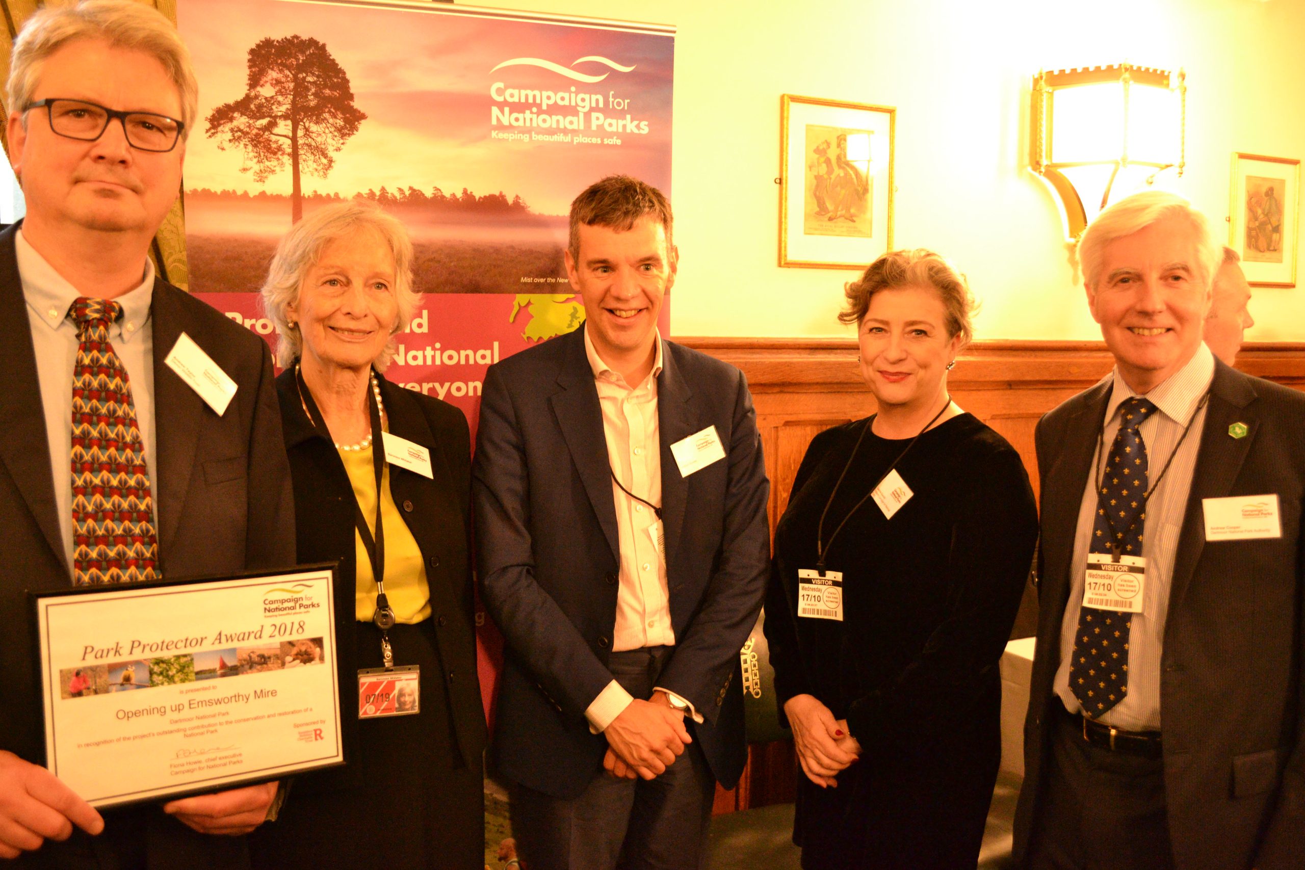 Devon wildlife trust receiving the 2018 Park Protector Award from Baroness Whitaker, Julian Glover and Caroline Quentin