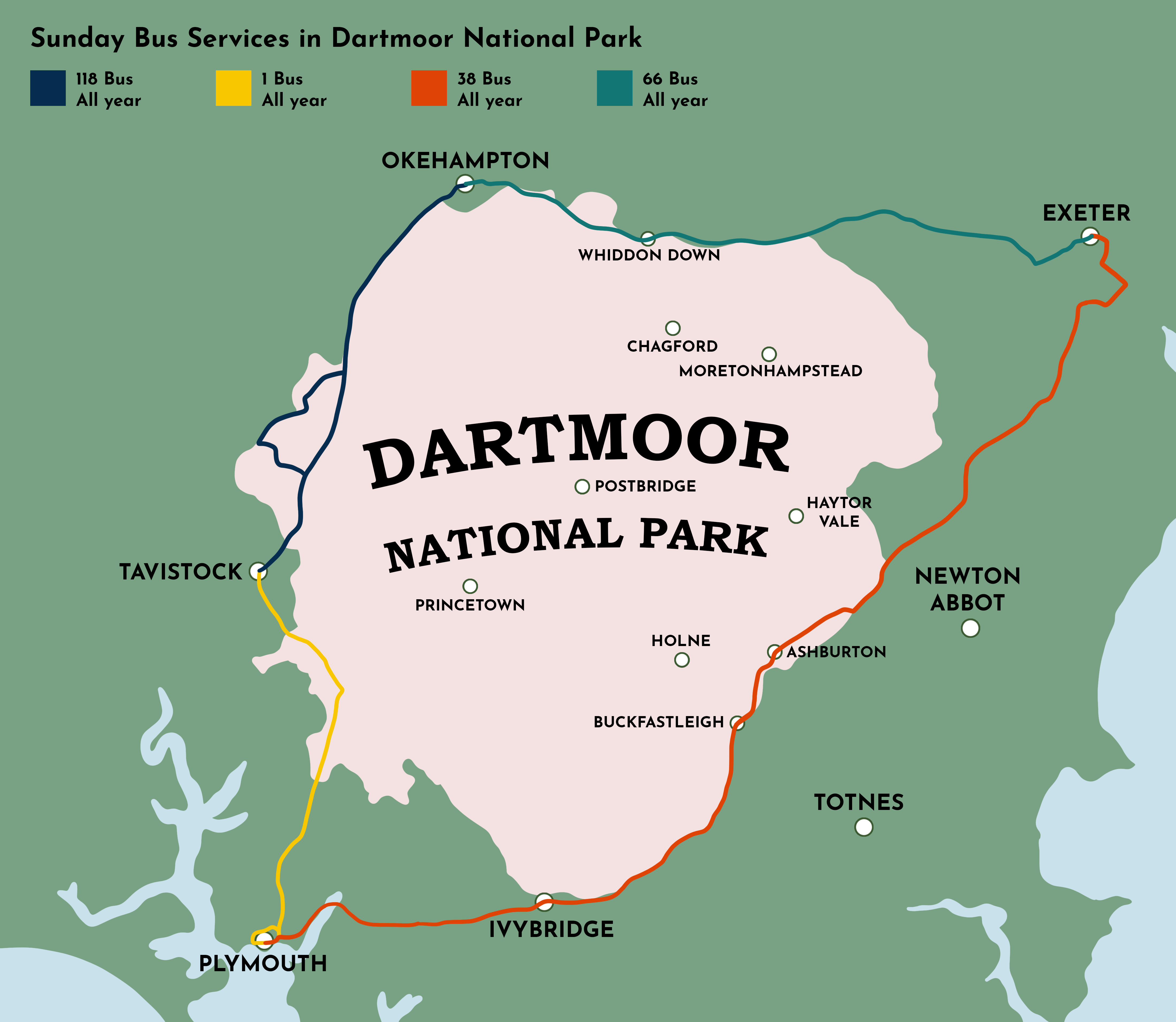 Map of Dartmoor National Park showing the limited Sunday bus services around the Park.