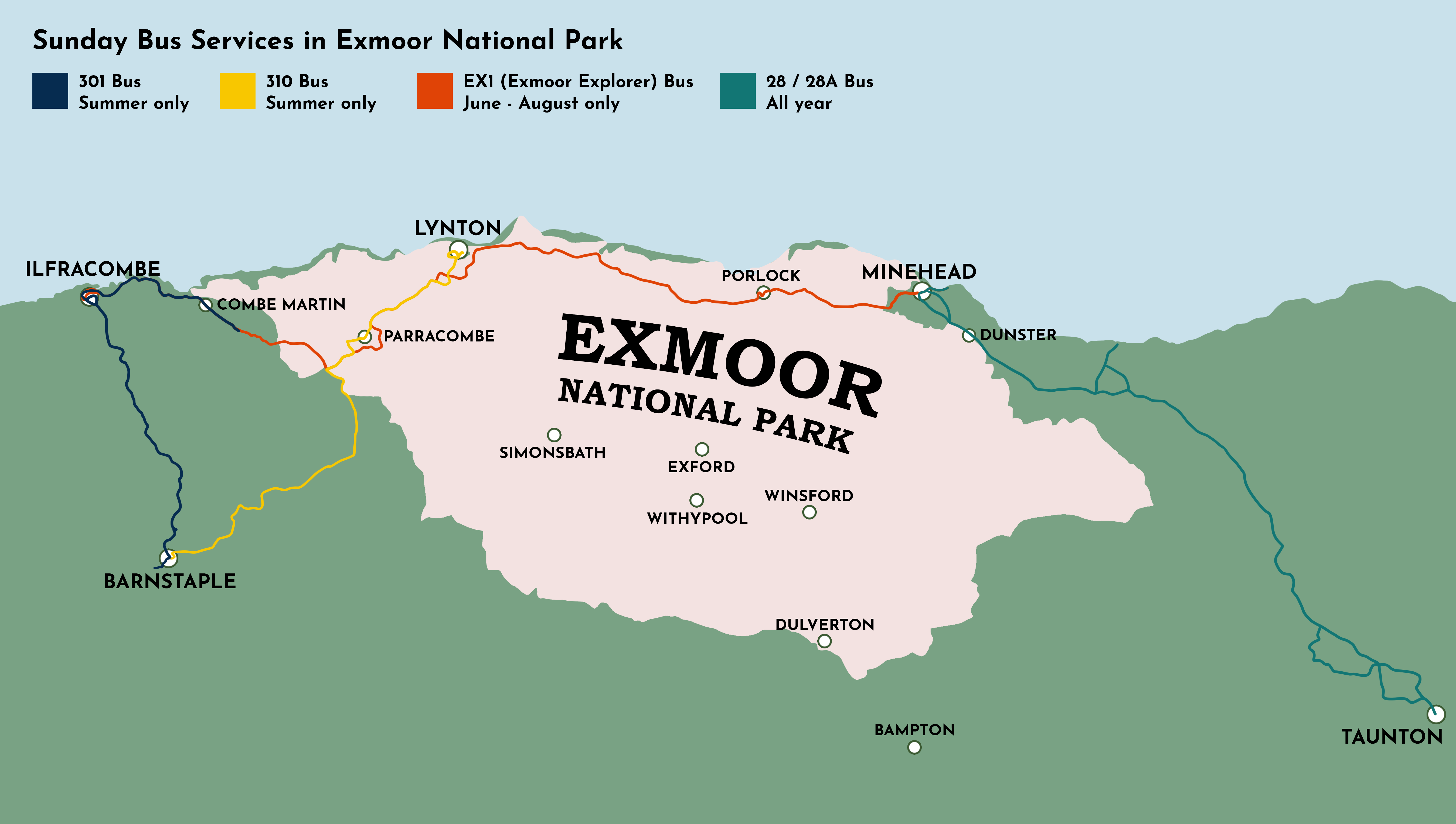 Map of Exmoor National Park showing the limited Sunday bus services around the Park.
